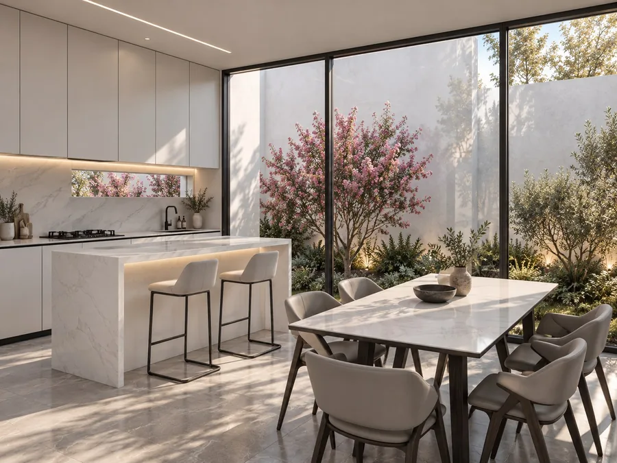 Comedor y cocina vinculados al jardín. Visualización arquitectónica.
