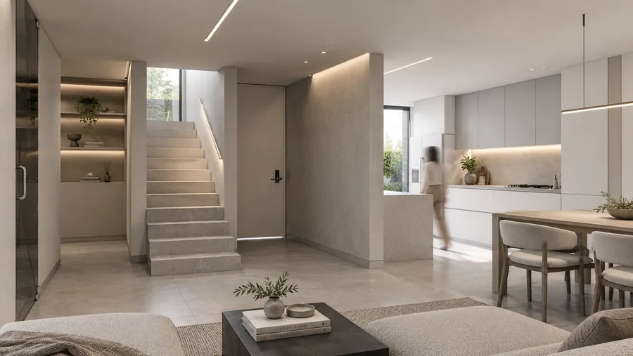 Área común y circulación interior. Visualización arquitectónica.