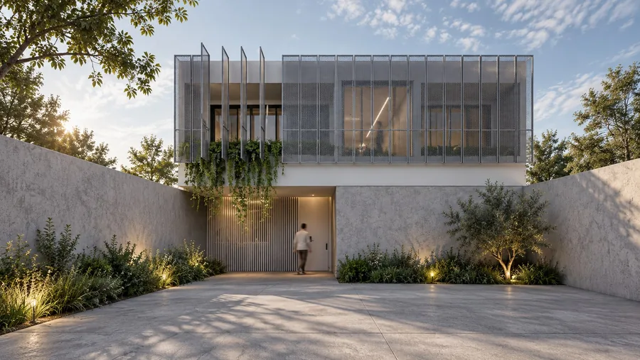 Propuesta de fachada: filtros, planos y vegetación. Visualización arquitectónica.