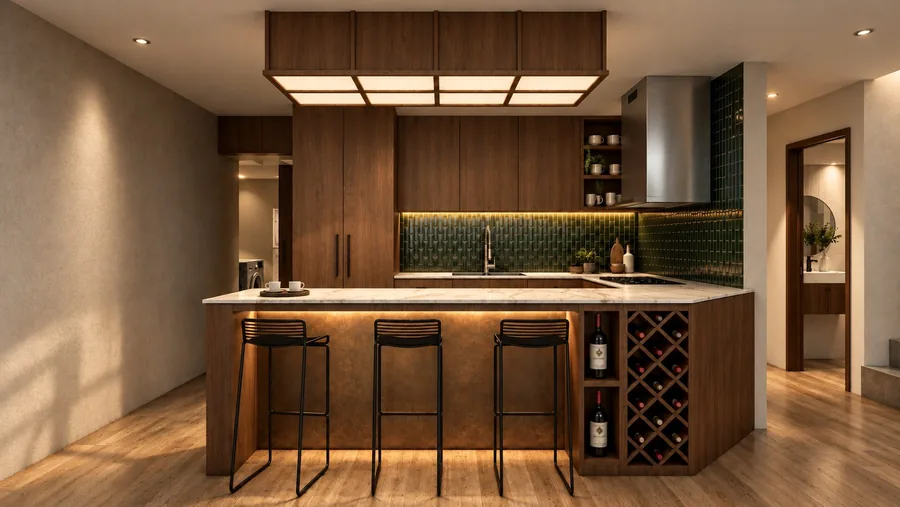 Cocina abierta: madera, tonos neutros y acentos de color. Visualización arquitectónica.