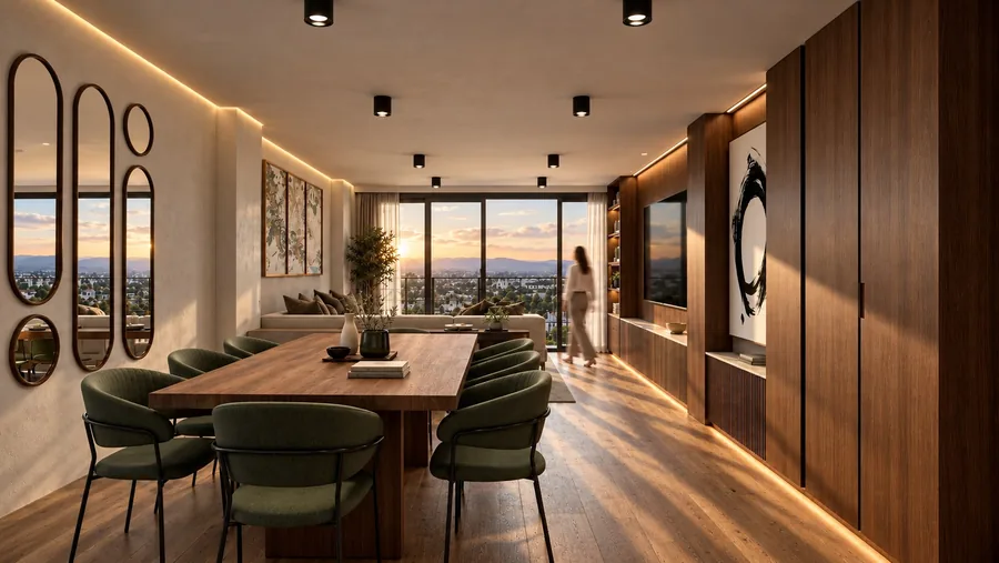 La iluminación vincula cocina y comedor. Visualización arquitectónica.
