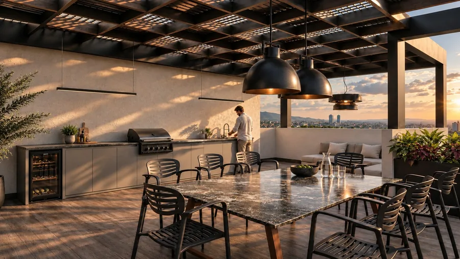 Terraza con comedor, barra y cubierta ligera. Visualización arquitectónica.