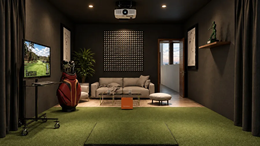 Cuarto de simulador de golf solicitado por el cliente. Visualización arquitectónica.