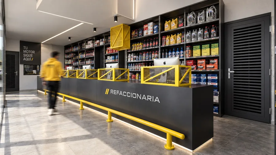 Mostrador y organización del espacio de atención. Visualización arquitectónica.