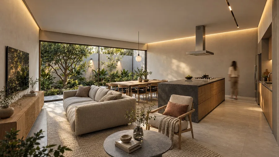 Continuidad entre estancia, comedor y jardín. Visualización arquitectónica.