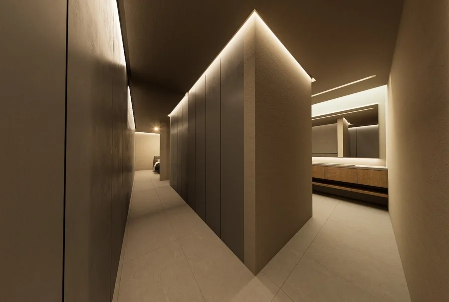 La iluminación acompaña el recorrido interior. Visualización arquitectónica.