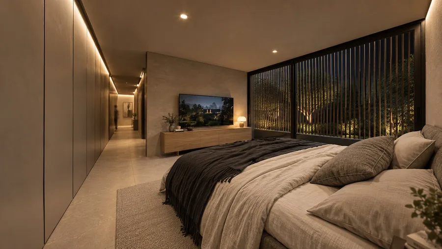 Recámara con una paleta de tonos neutros y contraste oscuro. Visualización arquitectónica.
