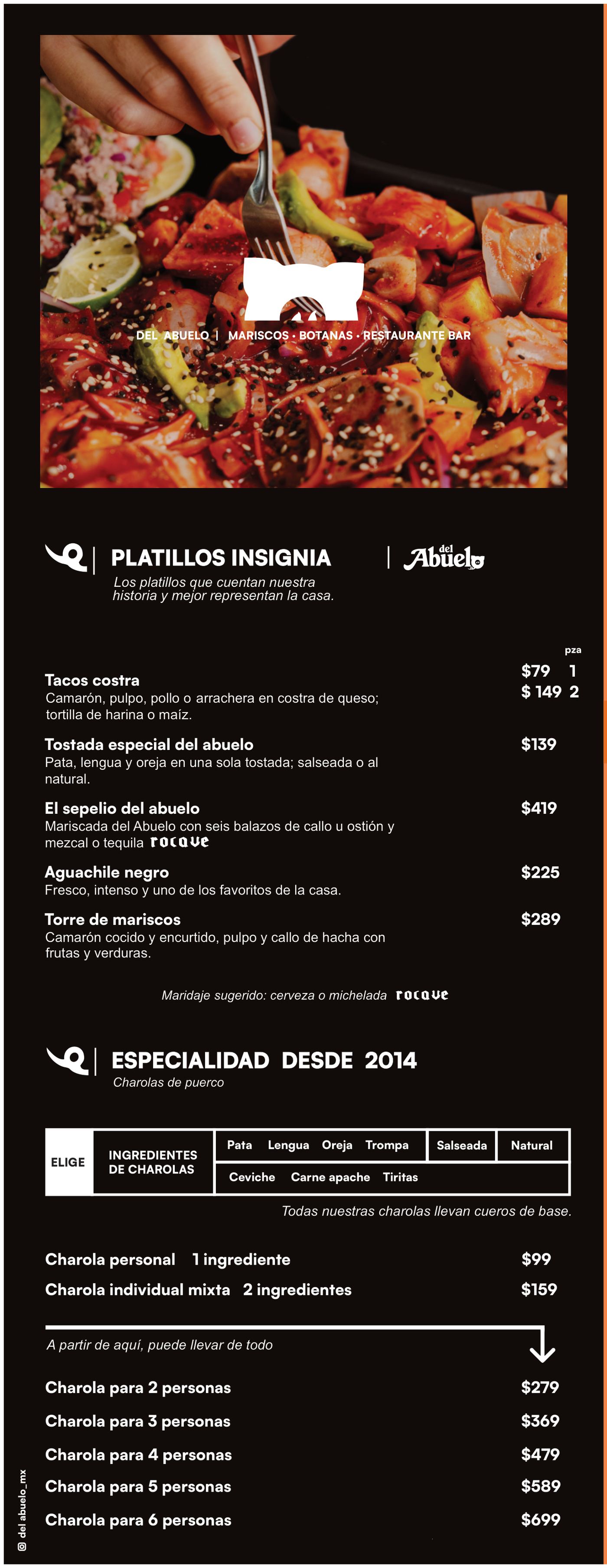 Portada de la carta: Platillos insignia del Abuelo con los Tacos costra, la Tostada Especial, El Sepelio del Abuelo, el Aguachile negro y la Torre de mariscos, y la tabla de Especialidad desde 2014 (charolas de puerco).