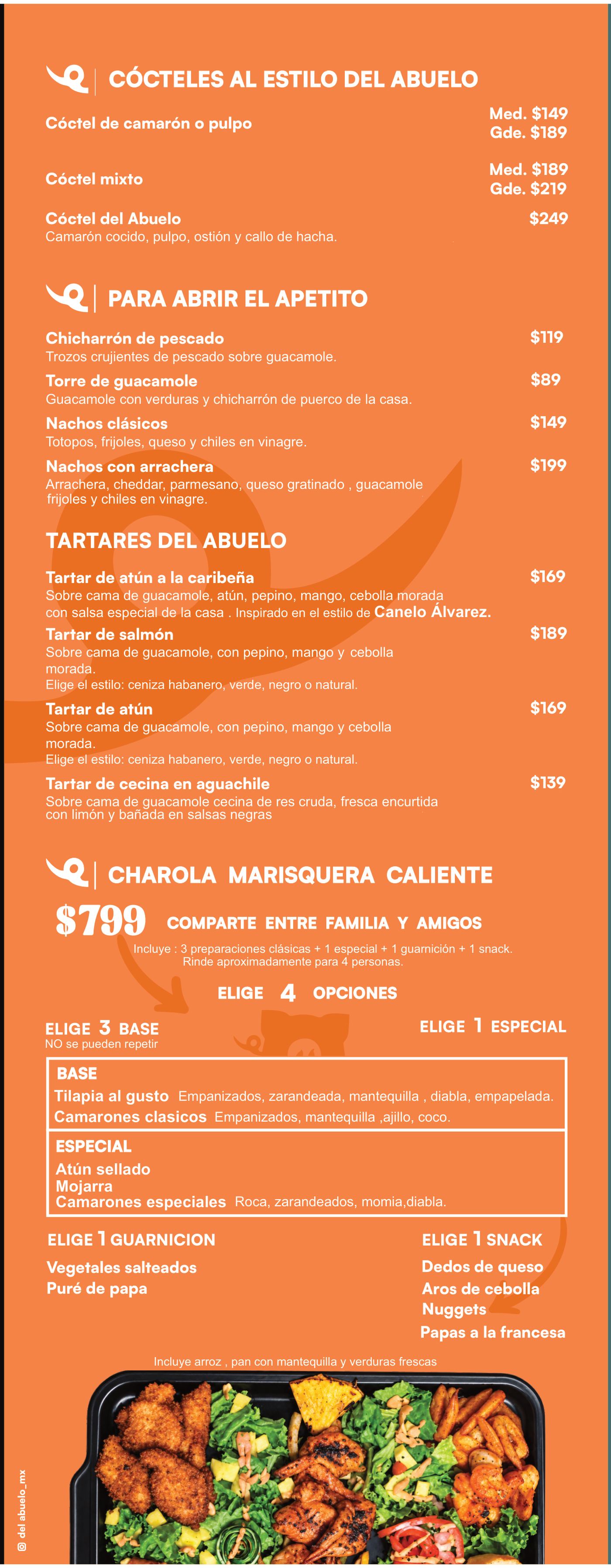 Cócteles al estilo del Abuelo, Para abrir el apetito, Tartares del Abuelo y la Charola marisquera caliente para 4 personas.
