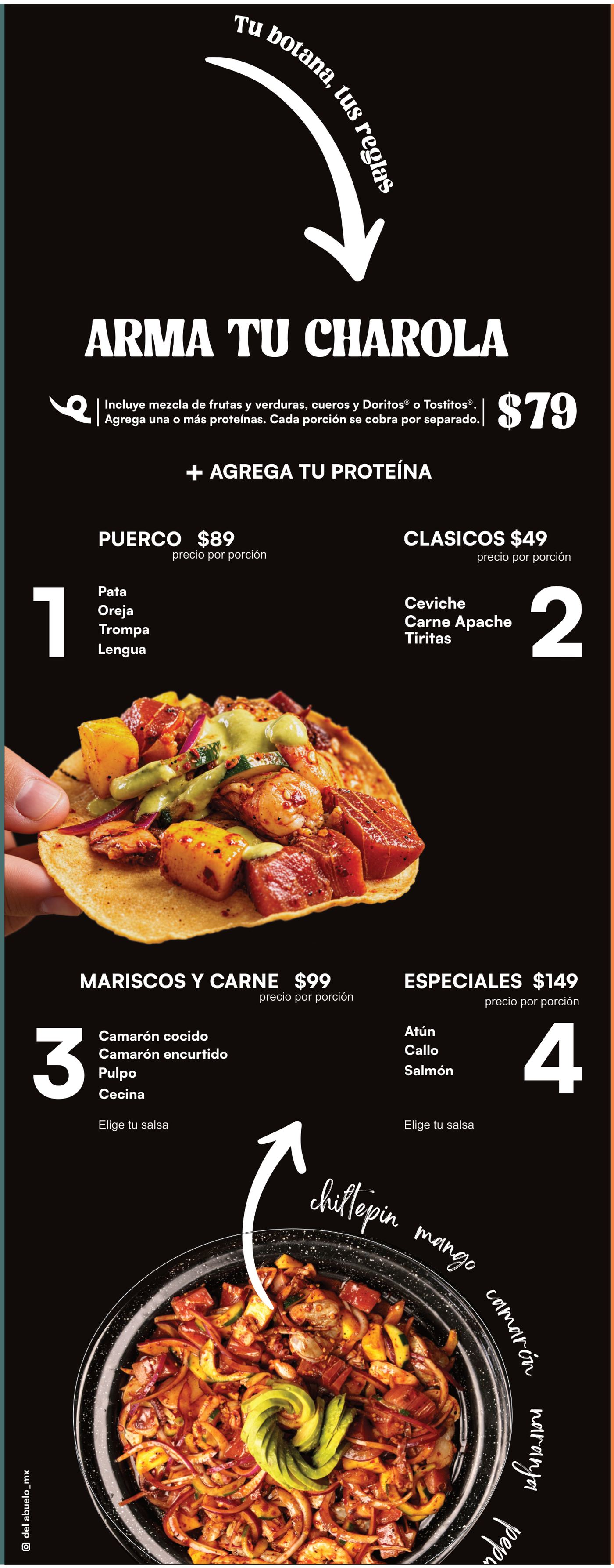 Arma tu charola: base de $79 con mezcla de frutas y verduras, cueros y Doritos o Tostitos, más las proteínas que elijas en cuatro niveles de precio por porción.