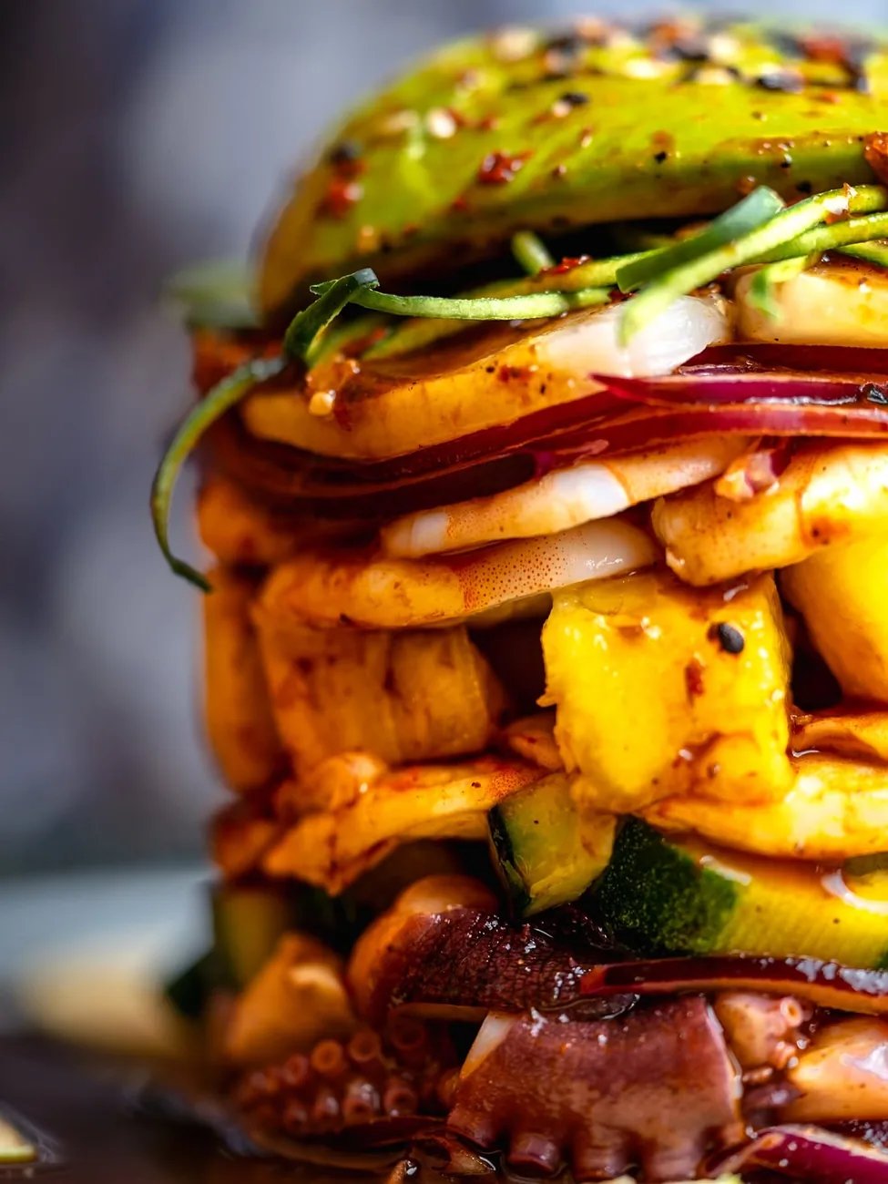 Torre de mariscos en primer plano con camarón, pulpo, mango, pepino y aguacate con chile